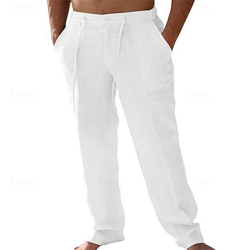 Men's Linen Pants Trousers Summer Pants Beach Pants Pocket Drawstring Plain Comfort Breathable Full Length Vacation Daily Holiday Hawaiian Boho Dark Khaki Black