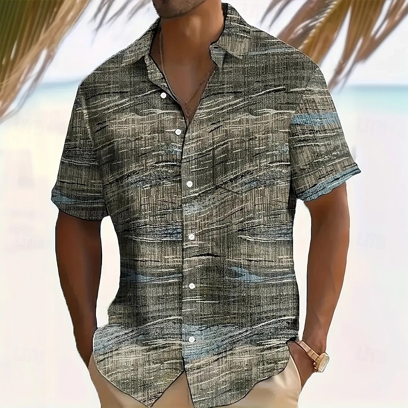 Men's Geometric Striped Shirt Summer Shirt Button Up Shirt Short Sleeve Fashion Casual Vacation Dailywear Holiday Summer Spring Turndown 3D Print Collared Shirts Front One Pocket Gray