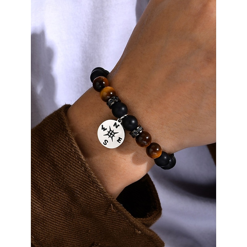 Men's Tiger Eye and Black Matte Beaded Bracelet with Compass Charm – Natural Stone Stretch Bracelet for Travel, Adventure, Birthday or Graduation Gift2