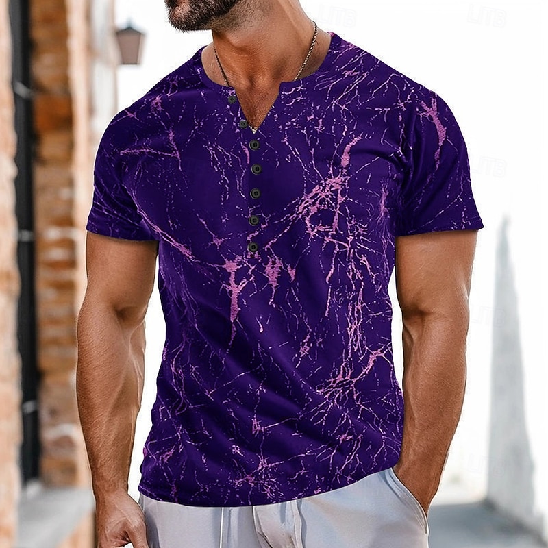 Men's Marble pattern T Shirt Henley Shirt Short Sleeve Sports Fashion Designer Outdoor Street Casual Summer Black Purple Henley Henley T-Shirt3