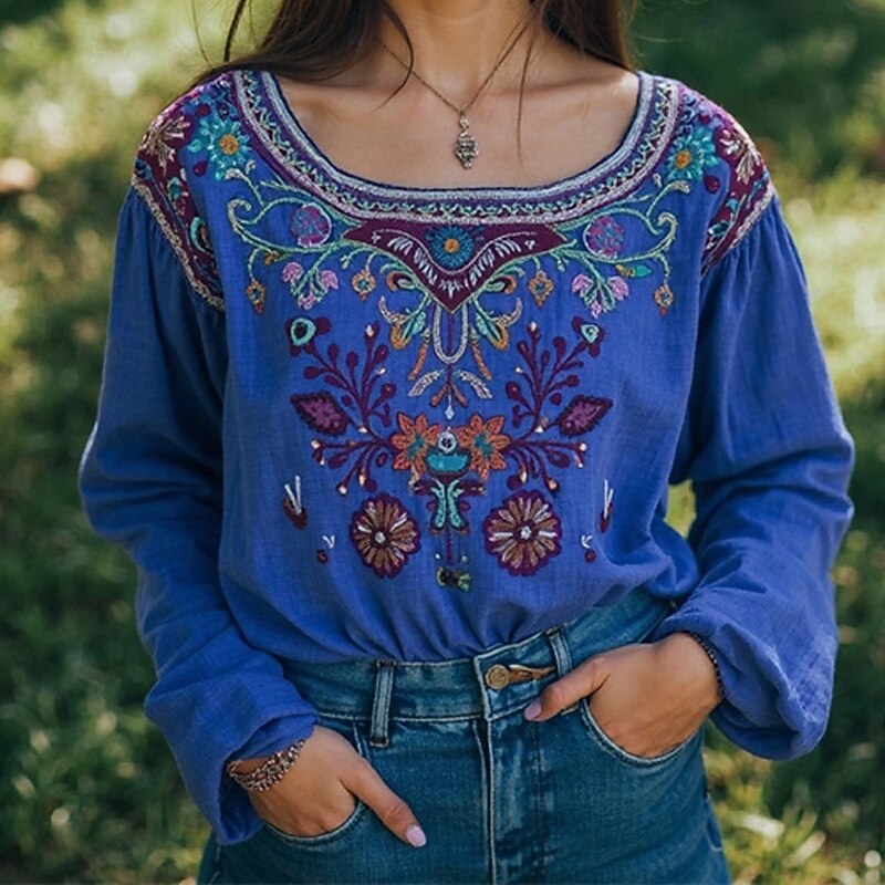 Women's Cotton Linen Shirts Boho Shirt Plain Flower Daily Stylish Basic Long Sleeve Crew Neck Regular Tops Work Daily Holiday Print Blue Purple Orange Light Blue Spring Fall3