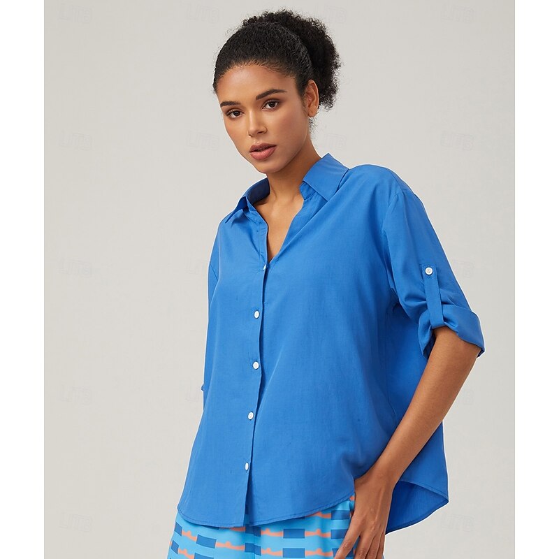 Vacation-Style Minimalist V-neck Blue Shirt