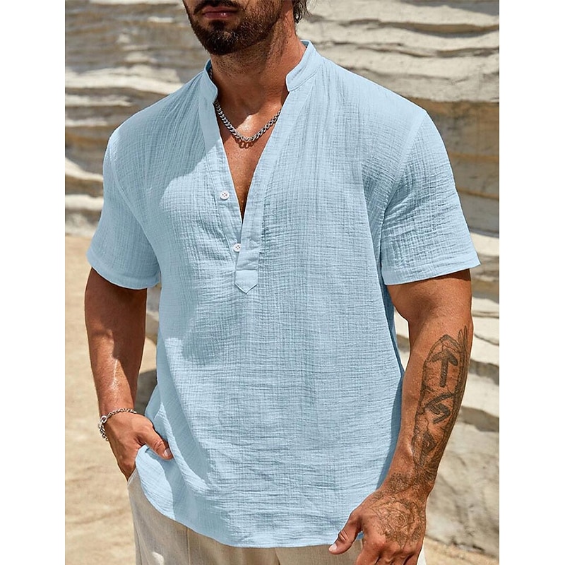 Men's Shirt Linen Shirt Popover Shirt Summer Shirt Beach Wear Henley Shirt Solid Color Vacation Dailywear White Sky Blue Short Sleeve Stand Collar Summer Spring Clothing Apparel