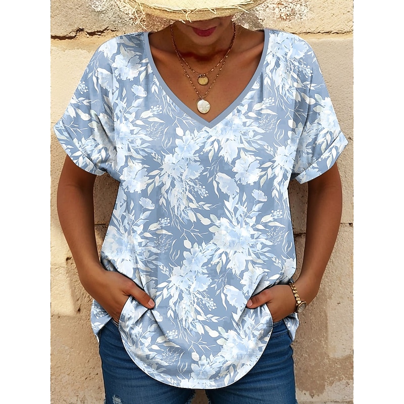 Women's T Shirt Floral Graphic Stylish Casual Short Sleeve V Neck Regular Tops Daily Print Blue Summer Spring - Main Image