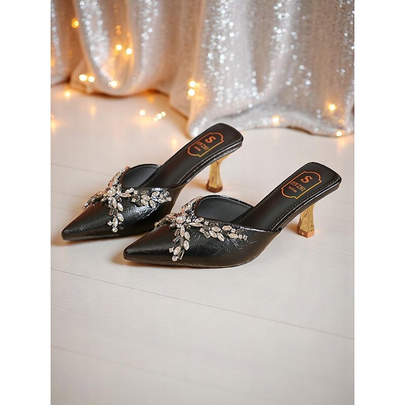 Women's Black Rhinestone Pointed-Toe Mules – Slip-On Kitten Heels with Crystal Embellishments for Elegant Cocktail Parties and Evening Events3