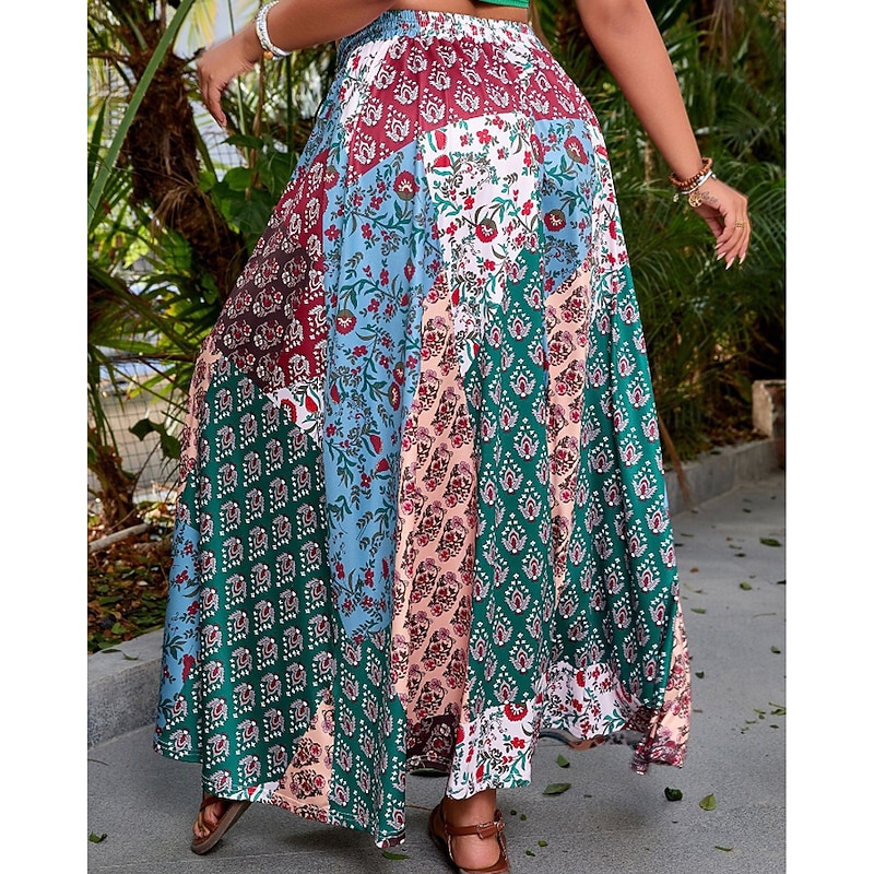 Women's Skirt Casual Boho Maxi Mid Rise Skirts Floral Print Micro-elastic Vacation Street Red Blue Summer Polyester2
