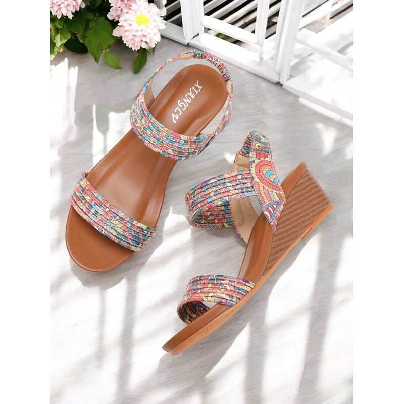 Women's Boho Wedge Sandals – Elastic Slingback Open Toe Shoes with Textured Fabric Straps, Casual Summer Heels for Daily Wear and Beach Vacations2