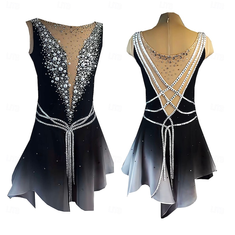 Figure Skating Dress Women's Girls' Ice Skating Dress Dark Grey Thumbhole Halo Dyeing High Elasticity Professional Competition Skating Wear Thermal Warm Crystal / Rhinestone Sleeveless Ice Skating