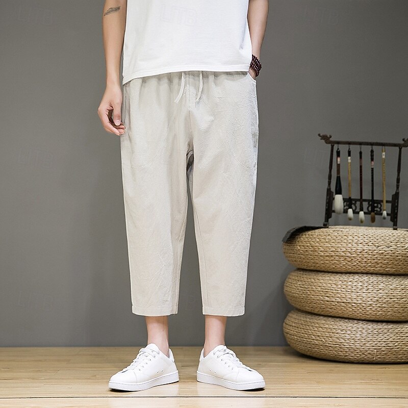 Men's Linen Pants Trousers Summer Pants Capri shorts Beach Pants Pocket Drawstring Elastic Waist Plain Comfort Breathable Ankle-Length Vacation Daily Holiday Vintage Hawaiian Black Navy Blue