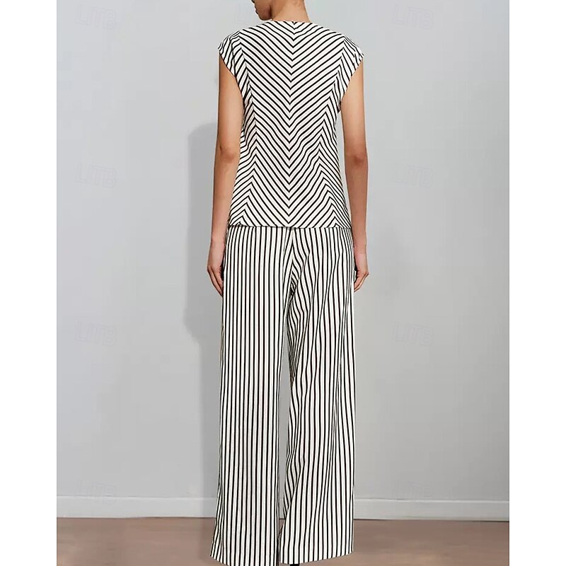 Striped Print Two Piece Pantsuit Mother of the Bride Pantsuit Classic Simple Minimalist Crew Neck Floor Length Metal Buttons Sleeveless with Sash / Ribbon4
