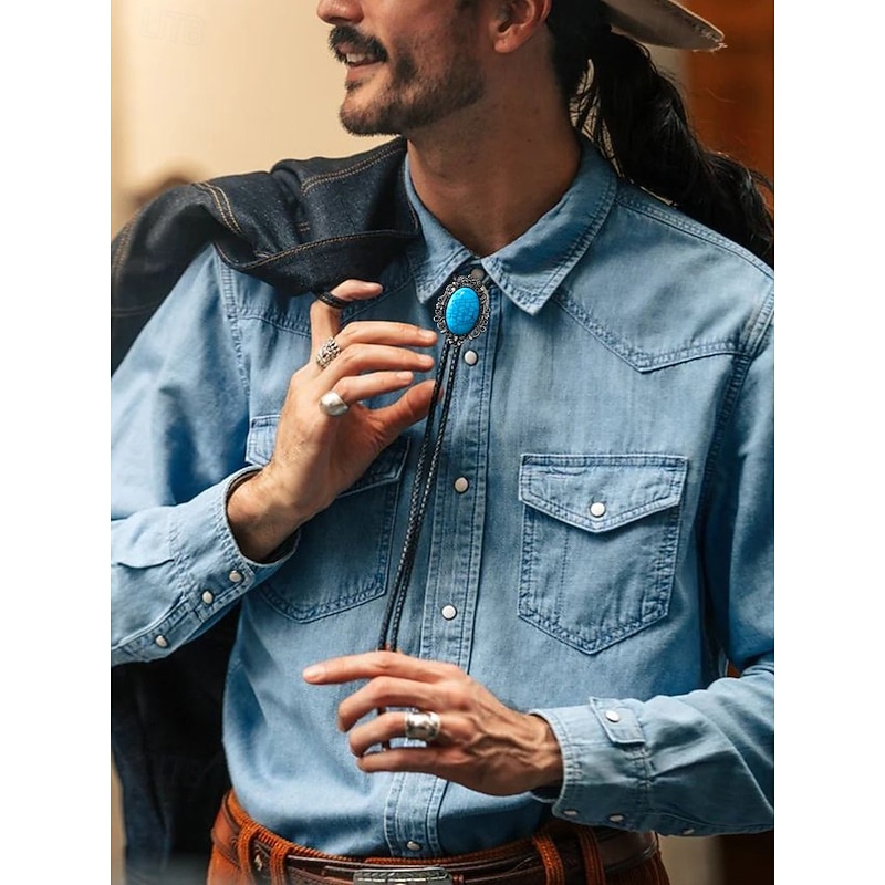 Men's Western Cowboy Bolo Tie with Turquoise Inlay, Vintage Design - Adjustable Leather Cord, Cowboy Fashion Accessory for Casual and Formal Occasions3