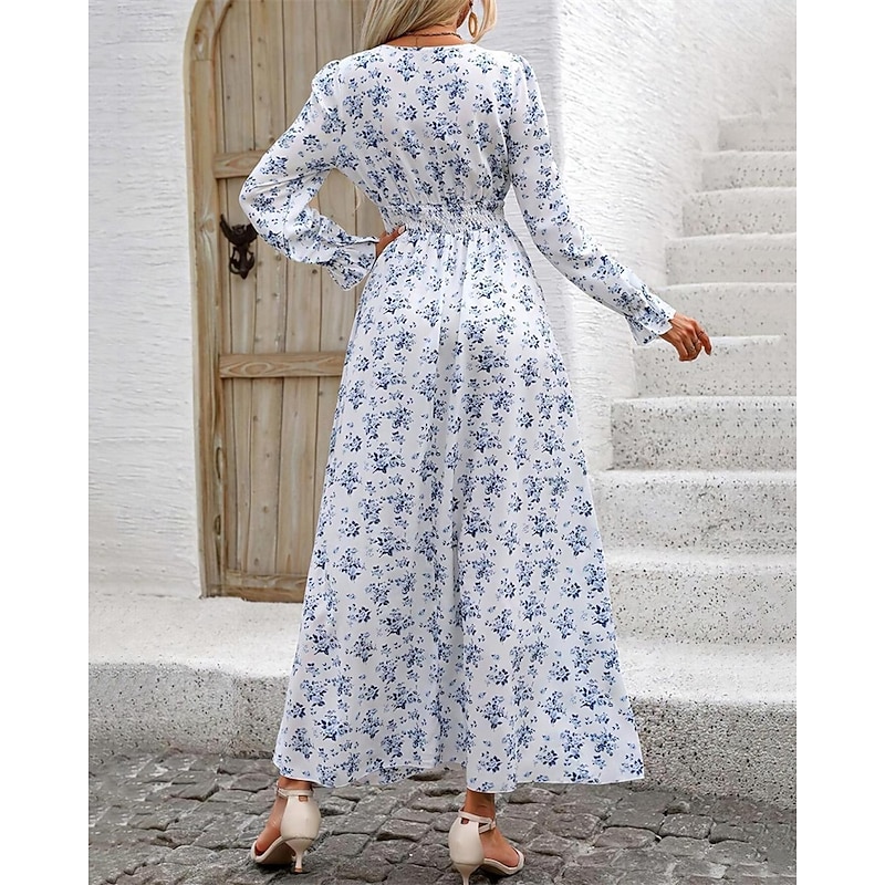 Women's Long Dress Maxi Dress Casual Dress Swing Dress Print Dress Fashion Classic Modern Puff Sleeve Outdoor Vacation Holiday Regular Fit Flower Long Sleeve V Neck Black White Green Summer4