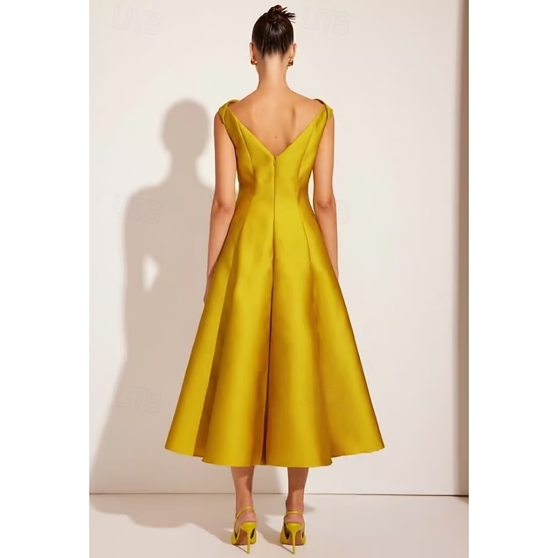 A-Line Cocktail Wedding Dresses Elegant Gown Formal Ankle Length Sleeveless Crew Neck Pocket Satin with Ruched Pocket2