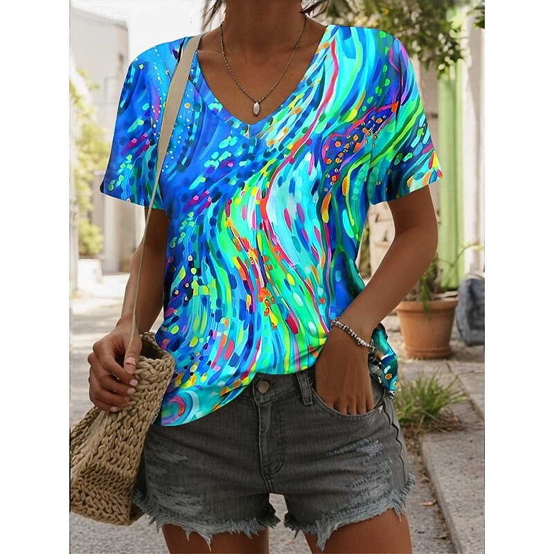 Women's T Shirt Graphic Geometric Vintage Stylish Casual Sleeveless Short Sleeve V Neck Regular Tops Daily Print Black Pink Blue Summer Spring