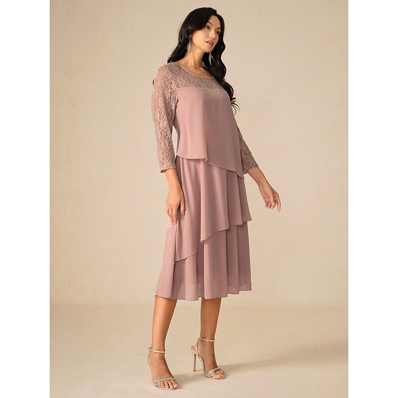Women's Tea Length Lace Dress Party Dress Cocktail Dress Wedding Guest Dress Elegant Party Vacation Wedding Guest Cocktail Party Regular Fit Solid Color 3/4 Length Sleeve Crew Neck Dusty Rose Spring3