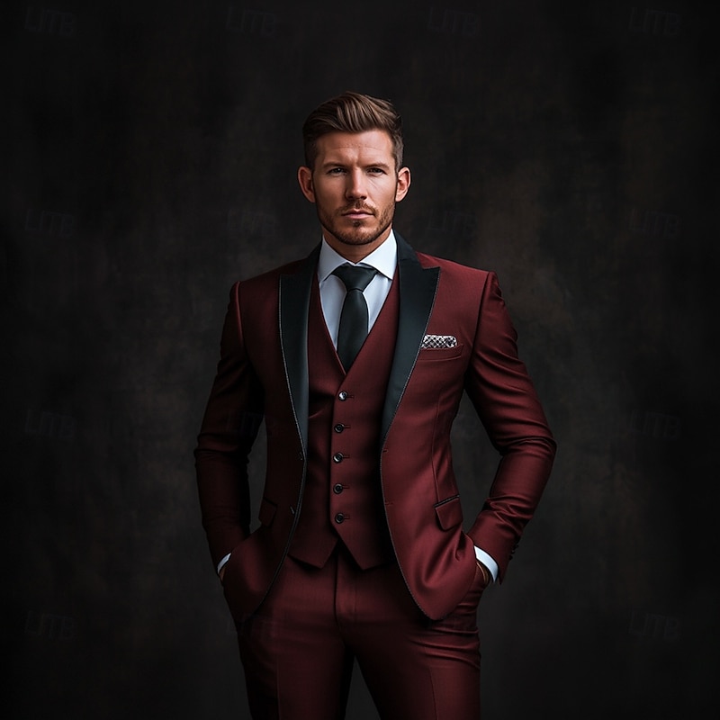 Men's Wedding Prom Party Suits Peaked Lapel Burgundy Business Luxury Solid Colored Standard Fit 3 Piece Single Breasted One-button2