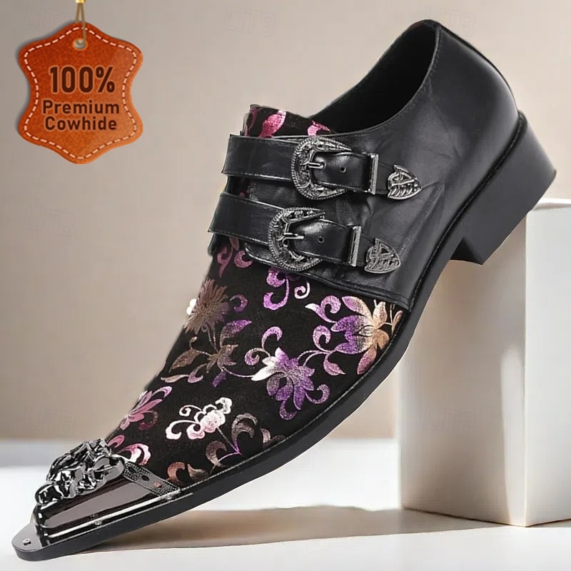 Men's Black Floral Embroidered Monk Strap Dress Shoes–Gothic Formal Shoes for Weddings, Banquets and Fashion Shows