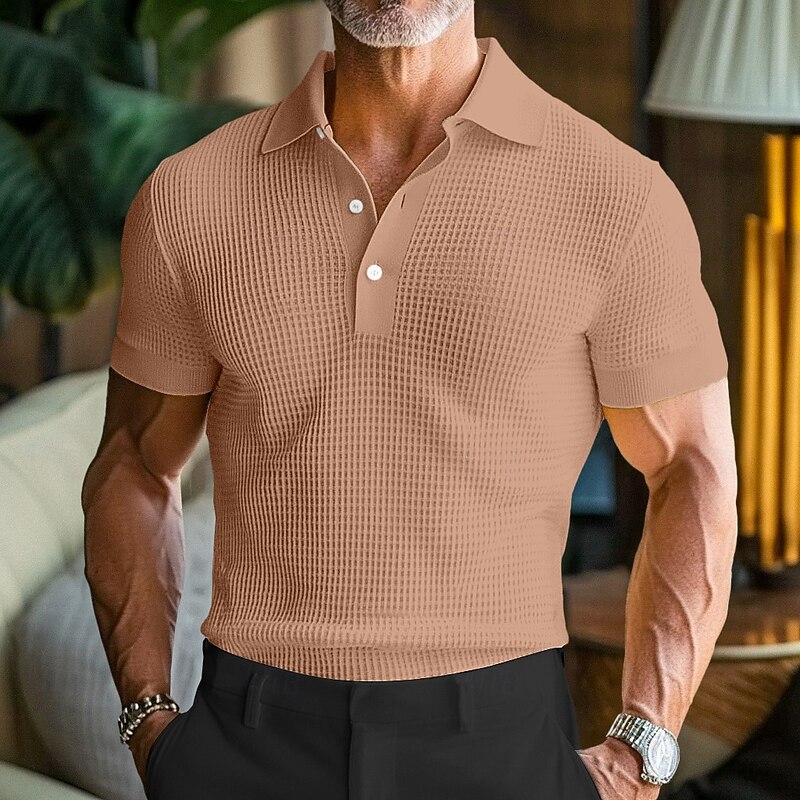 Men's Waffle Polo Shirts Golf Shirt Casual Holiday Lapel Ribbed Polo Collar Short Sleeve Fashion Basic Plain Buttons Soft Summer Spring Regular Fit White Yellow Burgundy Green Khaki Light Grey Waffle3