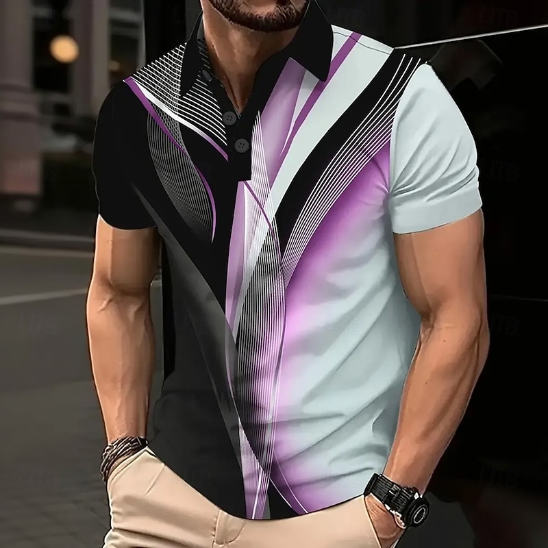 Men's Geometric Line Polo Short Sleeve Polo Shirts Collared Shirts Business Casual School Outdoor Daily Wear 3D Print Summer White Blue Purple4
