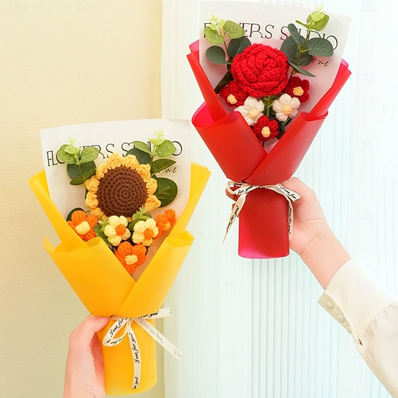 Crochet Flowers Bouquet Gift, Handmade Carnation Rose Tulip Yarn Flowers for Mom, Wife, Girlfriend – Mother's Day, Valentine's, Graduation, Christmas, Birthday, Anniversary Keepsake - Main Image