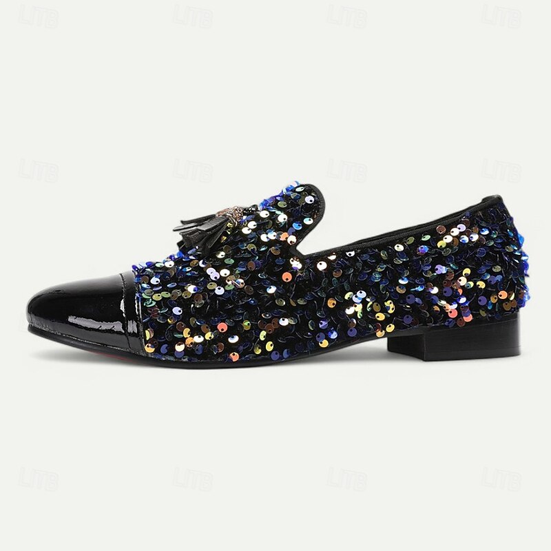 Men's Black Sequin Leather Loafers with Bow – Prom and Formal Party Slip-On Shoes for Nightclubs, Red Carpet Events and Gala Dinners4