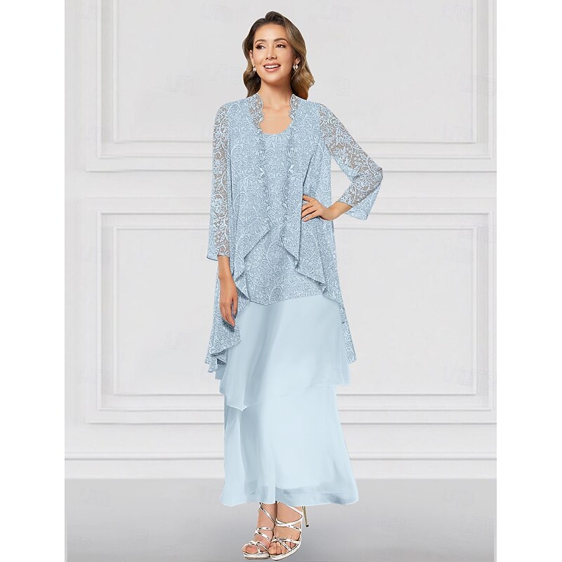 Two Piece A-Line Dress Sets Mother of the Bride Dress Elegant Crew Neck Ankle Length Chiffon Long Sleeve Jacket Dresses with Lace Ruffles Tier2