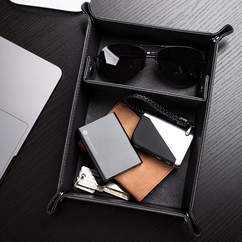 PU Leather Desk Organizer Tray, Multi-Compartment Key Holder, Jewelry & Makeup Storage Tray, Premium Leather Entryway Organizer for Home or Office3