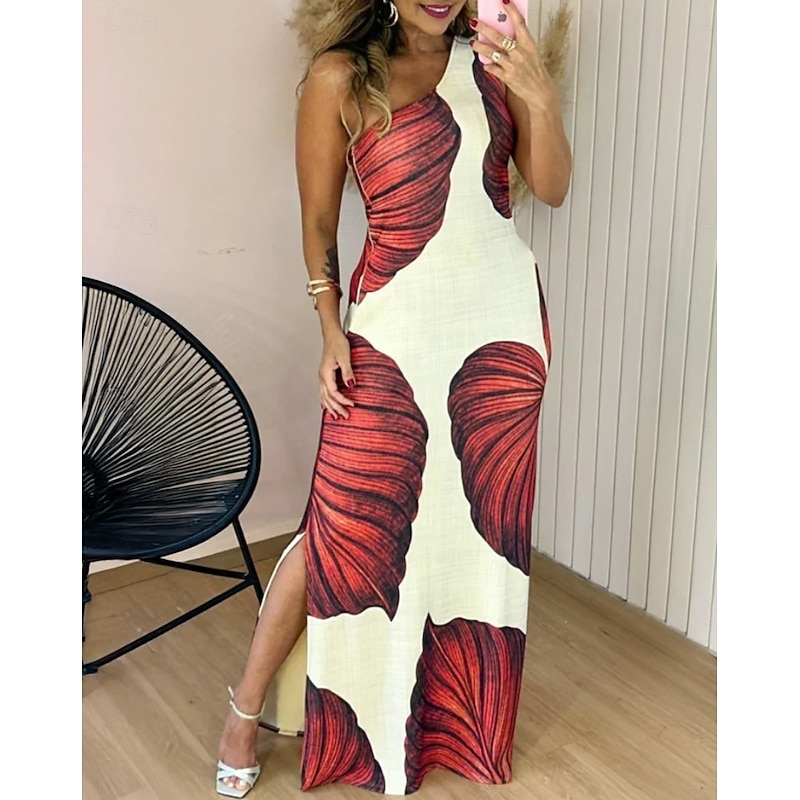 Women's Long Dress Maxi Dress Sheath Dress Summer Dress Elegant Holiday Date Regular Fit Leaf Sleeveless One Shoulder Red Brown Summer
