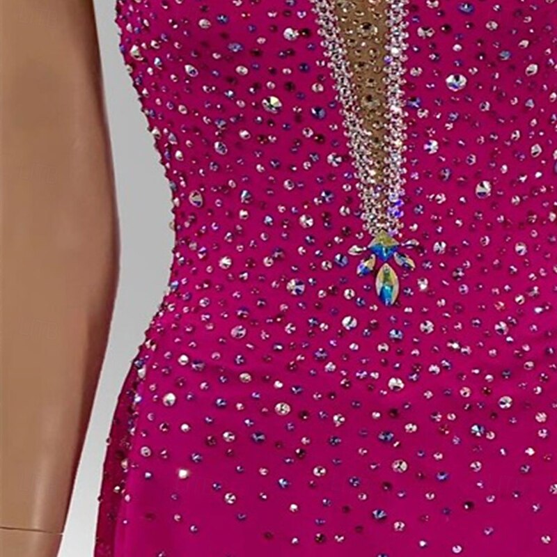 Figure Skating Dress Women's Girls' Ice Skating Dress Rose Red Patchwork Asymmetric Hem Mesh Spandex High Elasticity Training Competition Skating Wear Classic Crystal / Rhinestone Sleeveless Ice3