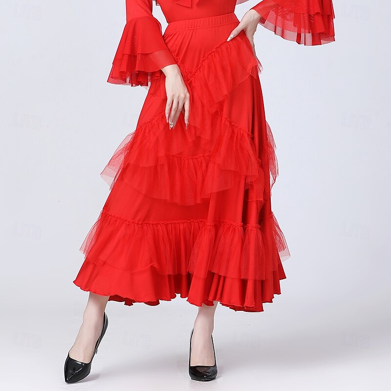 Latin Dance Skirts Pure Color Splicing Tulle Women's Performance Training High Polyester Tulle2