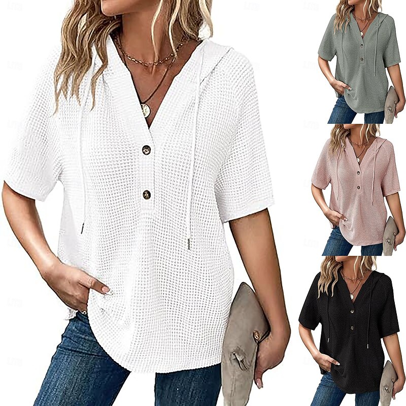 Women's Blouse Plain Basic Modern Short Sleeve V Neck Regular Tops Daily Buttons Black White Pink Red Navy Blue Summer