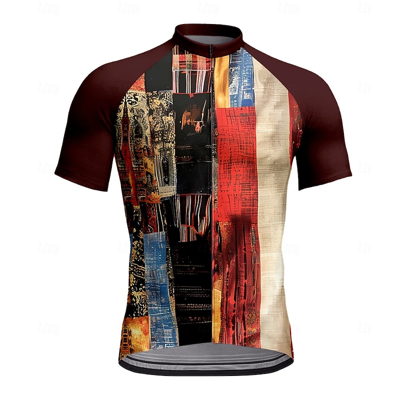 Men's Cycling Jersey Graphic Geometric Patchwork Short Sleeve Bike Tee Tshirt Top with 3 Rear Pockets UV Resistant Quick Dry Front Zipper Reflective Strips Sports Wine Red Clothing Apparel