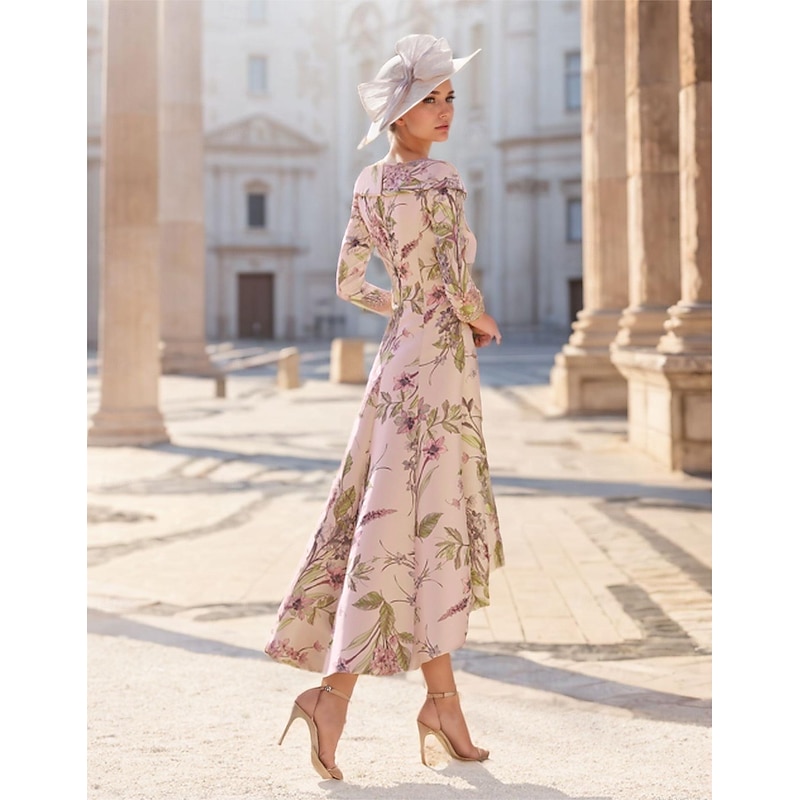 A-Line Mother of the Bride Dress Wedding Guest Elegant Vintage V Neck Ankle Length Satin  Short Sleeve with Flower Race Day Dress Wedding Guest Dress2