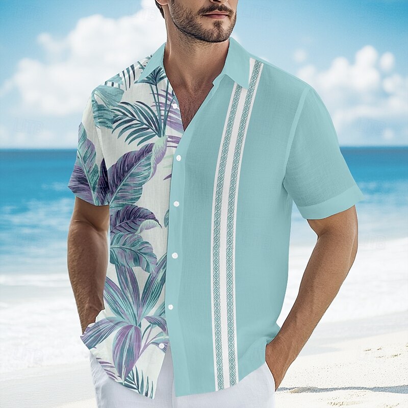 Men's Striped Tropical Palm Tree Guayabera Shirt Summer Hawaiian Shirt Button Up Shirt Short Sleeve Hawaiian Vacation Beach Wear Summer Spring Turndown 3D Print Collared Shirts Blue Green Khaki2