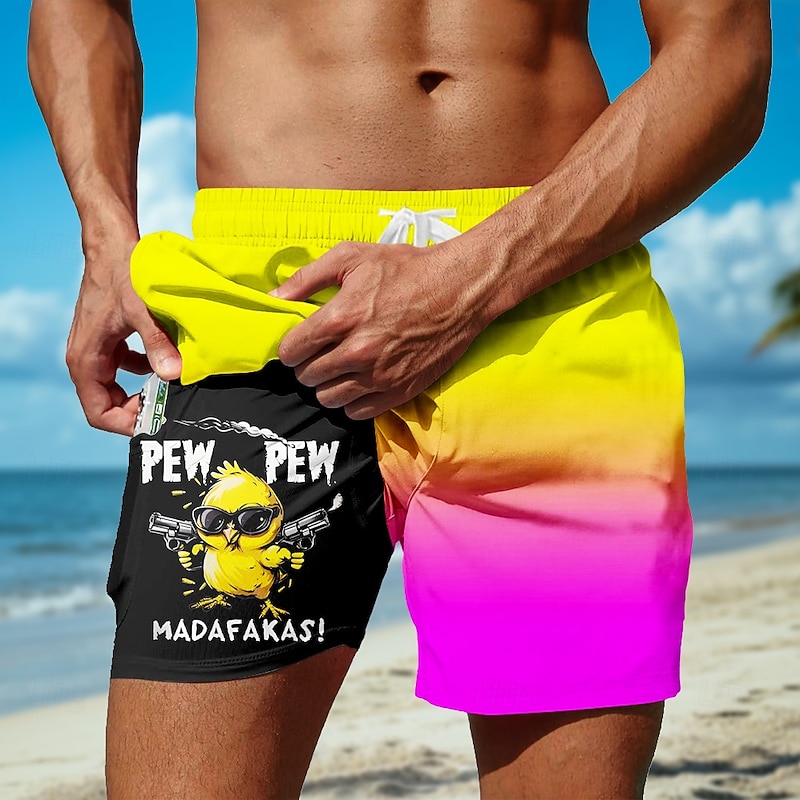 Men's Chick Funny Gradient Color Lined Shorts 2 in 1 Board Shorts Swim Shorts Mid Waist Hawaiian Vacation Beach Wear Side Pockets With Compression Liner Elastic Drawstring Waist Designer Clothing3