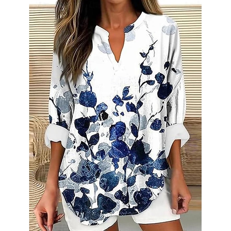 Women's Blouse Tunic V Neck Long Sleeve Boho Casual Tops Floral Graphic Elegant Vintage Daily Regular Tops Daily Wear Print White Pink Blue Dusty Blue Purple3