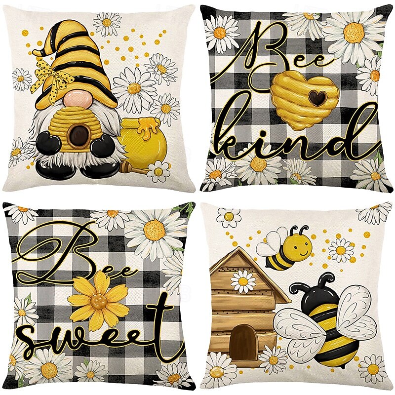 Summer Bee Floral Decorative Toss Pillows Cover 4PC Soft Square Couch Cushion Case Pillowcase for Bedroom Livingroom Sofa Chair2