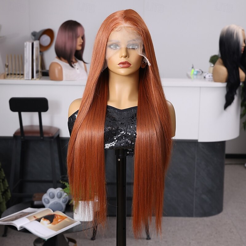 Synthetic Lace Wig Straight Style 32 inch Orange Middle Part 13x6 Lace Front Wig Women's Wig Orange / White / Blue4