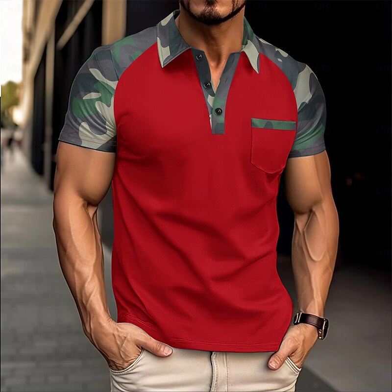 Men's Polo Golf Shirt Business Casual Classic Short Sleeve Fashion Basic Camouflage Pocket Button Front Summer Spring &  Fall Regular Fit Black Red Navy Blue Khaki Polo