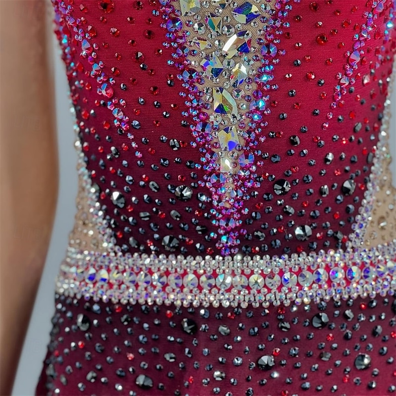 Figure Skating Dress Women's Girls' Ice Skating Dress Black Red Patchwork Asymmetric Hem Mesh High Elasticity Training Competition Skating Wear Classic Crystal / Rhinestone Sleeveless Ice Skating2