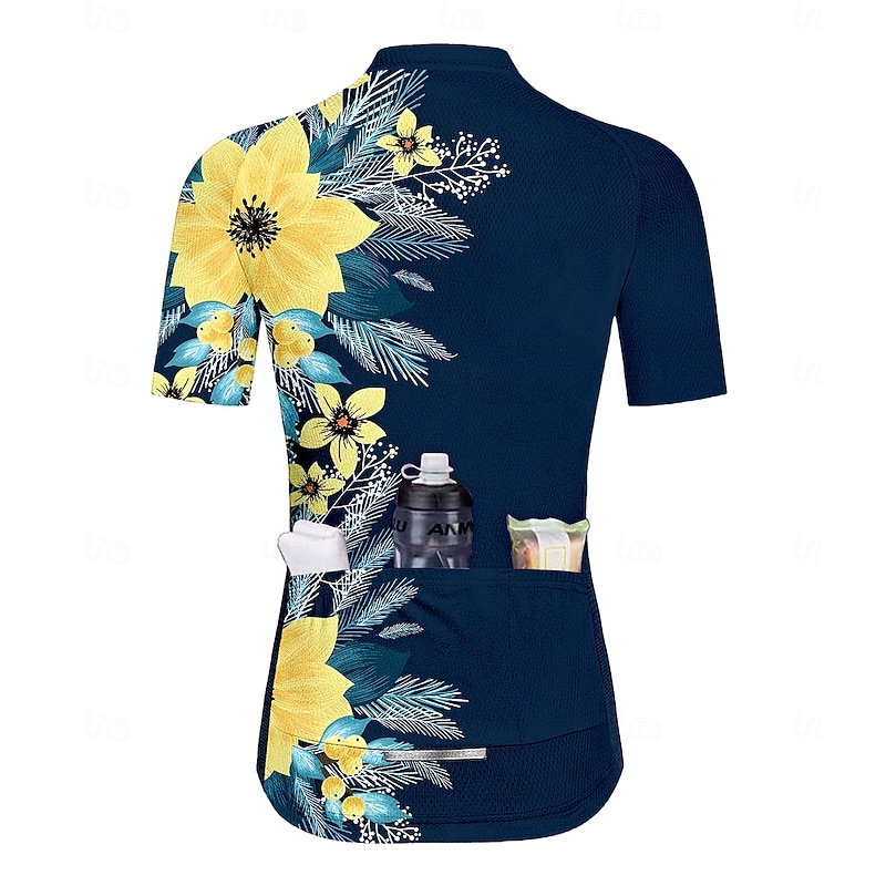Women's Cycling Jersey Graphic Floral Botanical Short Sleeve Bike Jersey Top with 3 Rear Pockets Sunscreen UV Resistant Quick Dry Reflective Strips Sports Navy Blue Clothing Apparel2