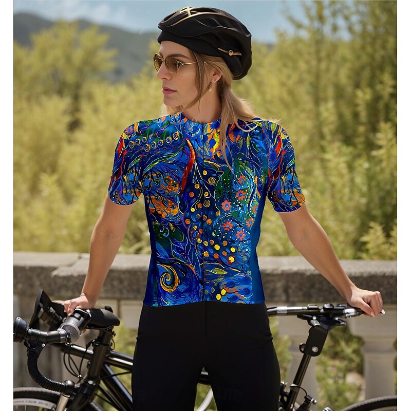 Women's Cycling Jersey Graphic Color Block Graffiti Short Sleeve Bike Jersey Top with 3 Rear Pockets Quick Dry Reflective Strips Back Pocket Moisture Wicking Sports Navy Blue Clothing Apparel