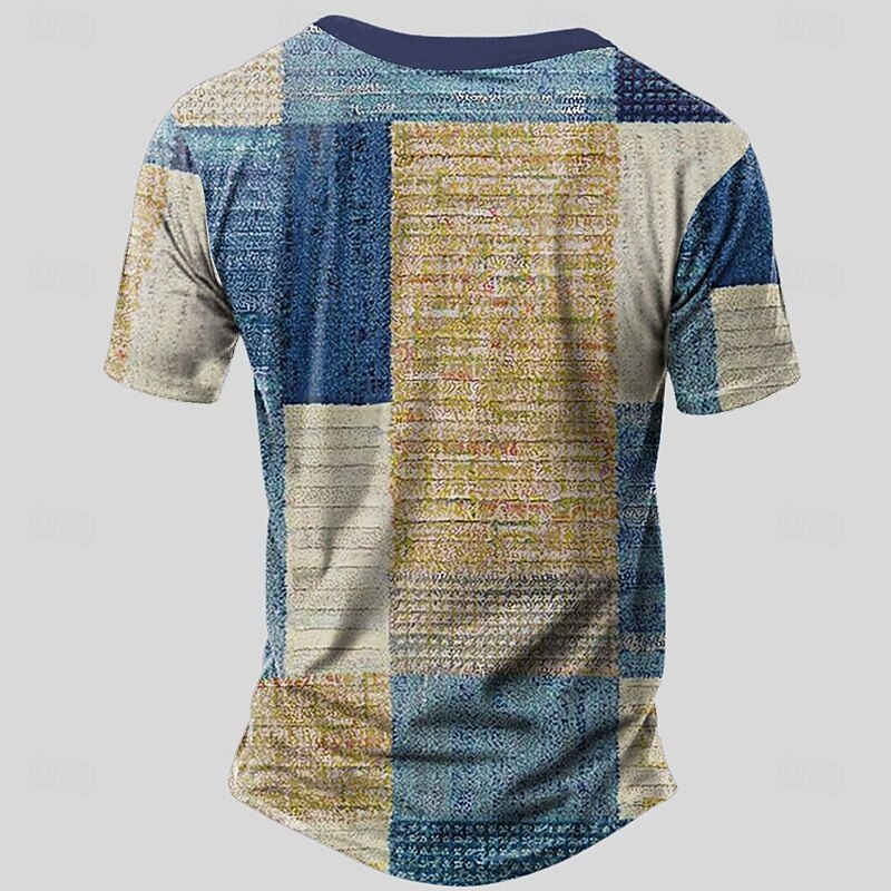 Men's Plaid Patchwork T Shirt Henley Shirt Short Sleeve Designer Retro Vintage Trendy Street Casual Daily Summer Spring Gray Purple Blue Khaki Henley Henley T-Shirt2