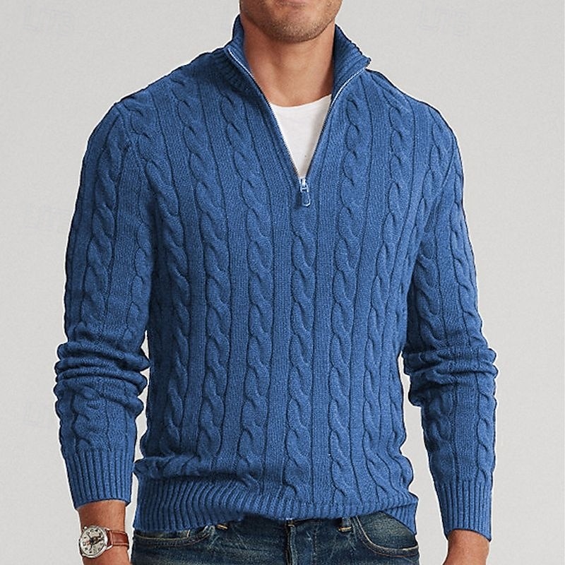 Men's Sweater Zip Sweater Quarter Zip Pullover Sweater Pullover Ribbed Cable Knit Cropped Knitted Plain Half Zip Fashion Streetwear Outdoor Daily Wear Clothing Apparel Fall & Winter Black Blue S M L3