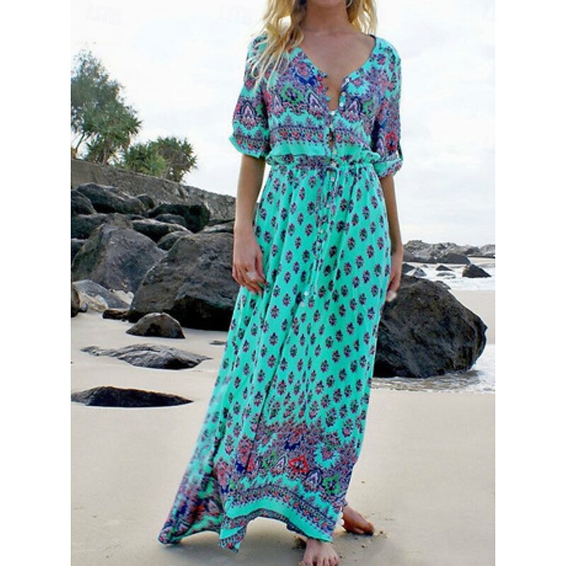 Women's Maxi Dress A Line Dress Casual Party Beach Regular Fit Graphic 3/4 Length Sleeve V Neck Pink Blue Green Summer Spring