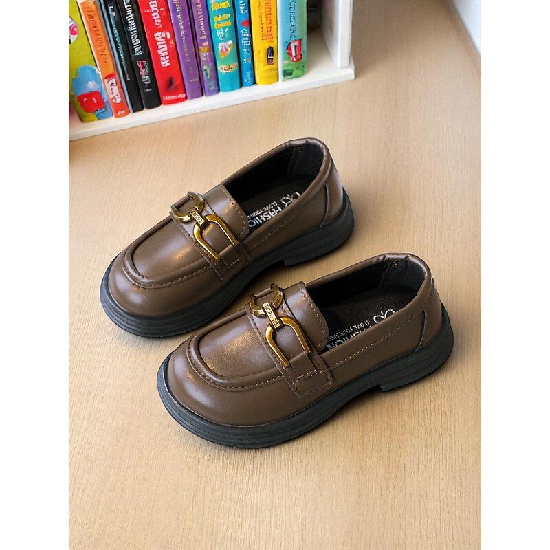 Little Girls' Black Faux Leather Loafers with Gold Buckle – Classic School Uniform Dress Shoes for Kids