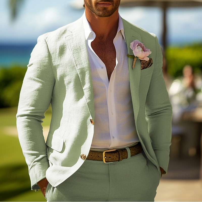 Men's Casual Wedding Linen Suits Sage Fashion Summer Daily Solid Colored Standard Fit 2 Piece Single Breasted Two-buttons2