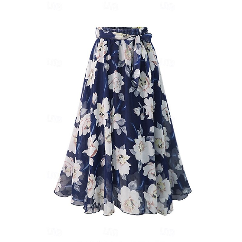 Women's Skirt Swing Casual Maxi Mid Rise Skirts Floral Print Micro-elastic Vacation Going out Black White Pink Blue Summer Polyester2
