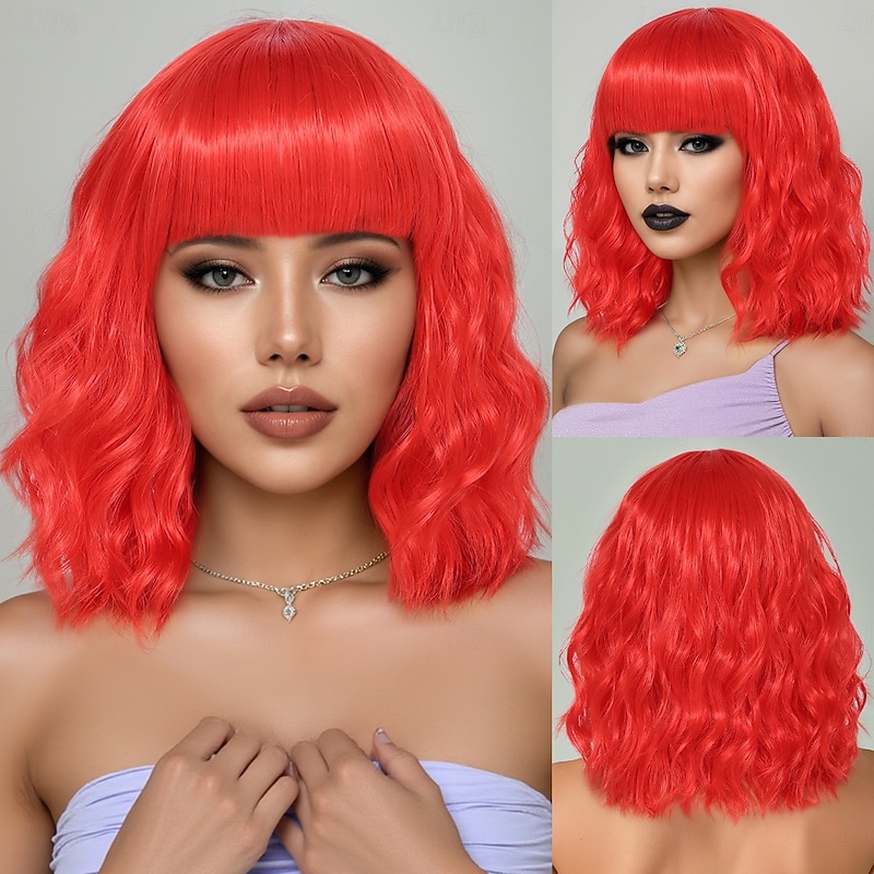 Synthetic Wig Wavy Water Wave Layered Haircut Neat Bang Machine Made Wig 14 inch A1 Synthetic Hair Women's Cool Classic Comfortable Red Multi-color