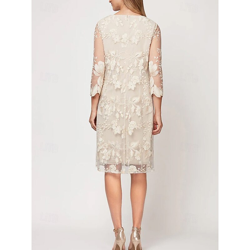 Two Piece Sheath / Column Mother of the Bride Dress Elegant Vintage Simple Crew Neck Tea Length Lace 3/4 Length Sleeve with Floral Embroidered Lace Applique3